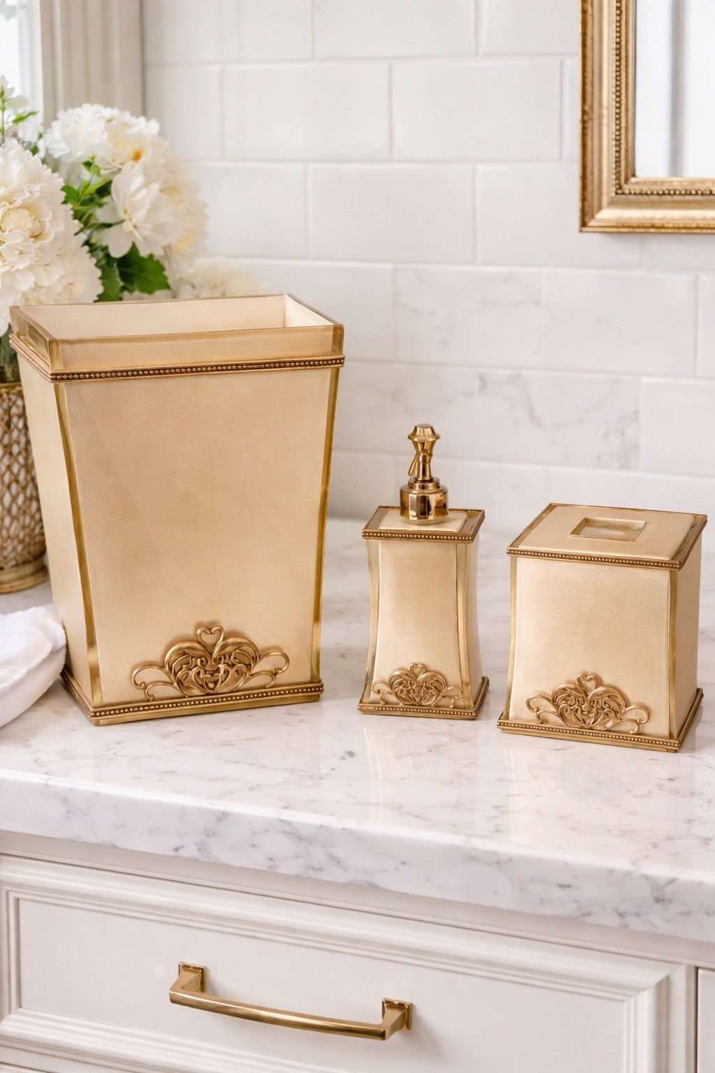 Vintage Bombay Hollywood Regency Gold Bathroom Set Trash Soap Dispenser