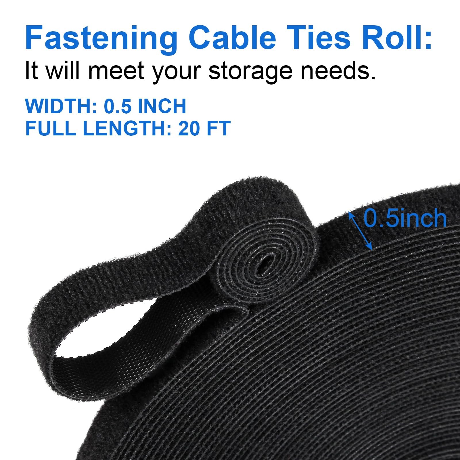 Hook and Loop Cable Ties Roll 20ft x 1/2in | Reusable Self-Gripping Hook-and-...