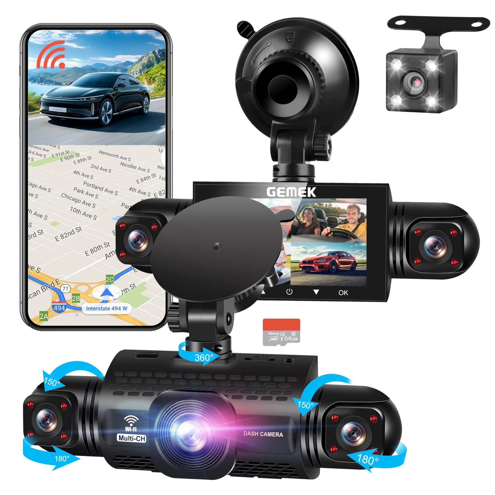 360 Degree View 4 Channel Dash Cam 5G WiFi & App Control, 2K Front and Rear I...
