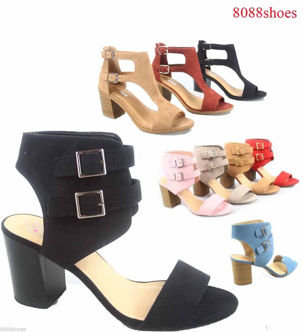 Women's Double Buckles Chunky Heel Open Toe Bootie Sandal Shoe Size 5.5 - 11 NEW