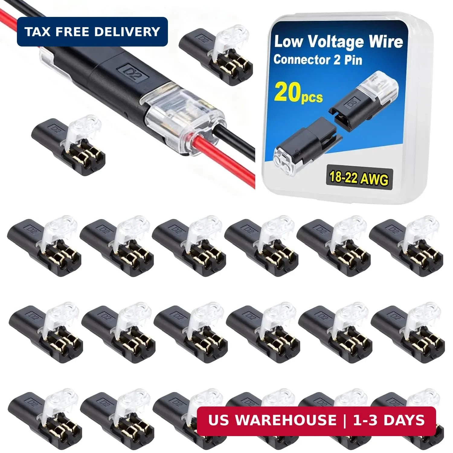 Double Wire Lock-Grip Connector, 2 Pin LED Light Strip Connector with Locking Bu