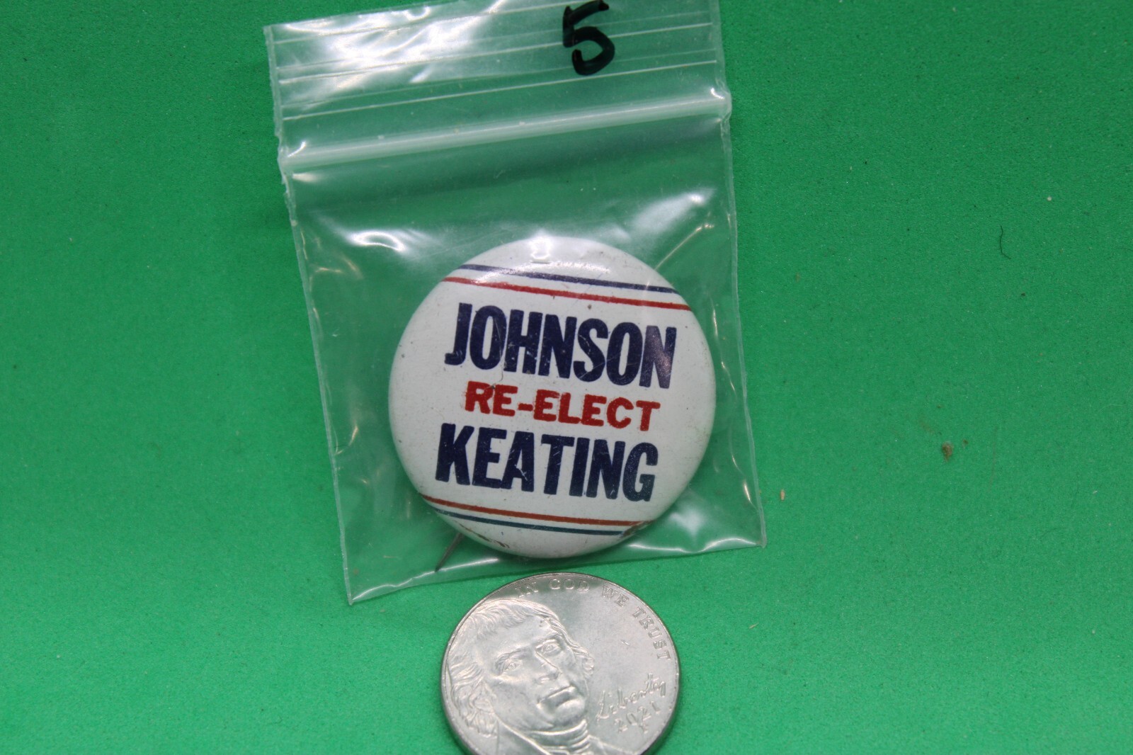 Vintage Political Pin - Re-elect Johnson Keating 1964
