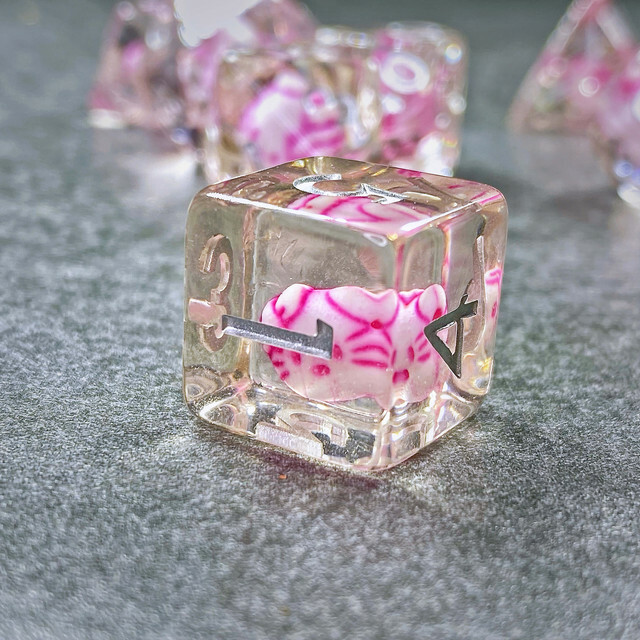 Sage's Familiars - Kitty Treats Resin Pink Polyhedral Dice Set | RPG DND TTRPG