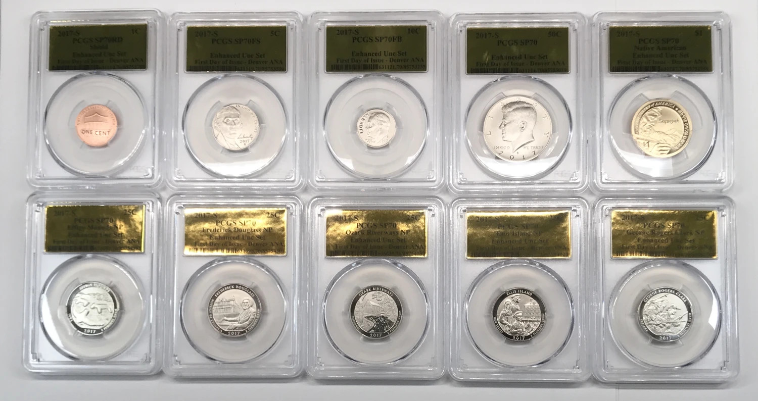 2017-S Enhanced Finish 10-Coin Unc Mint Set PCGS SP70 Denver ANA FDOI Gold Foil