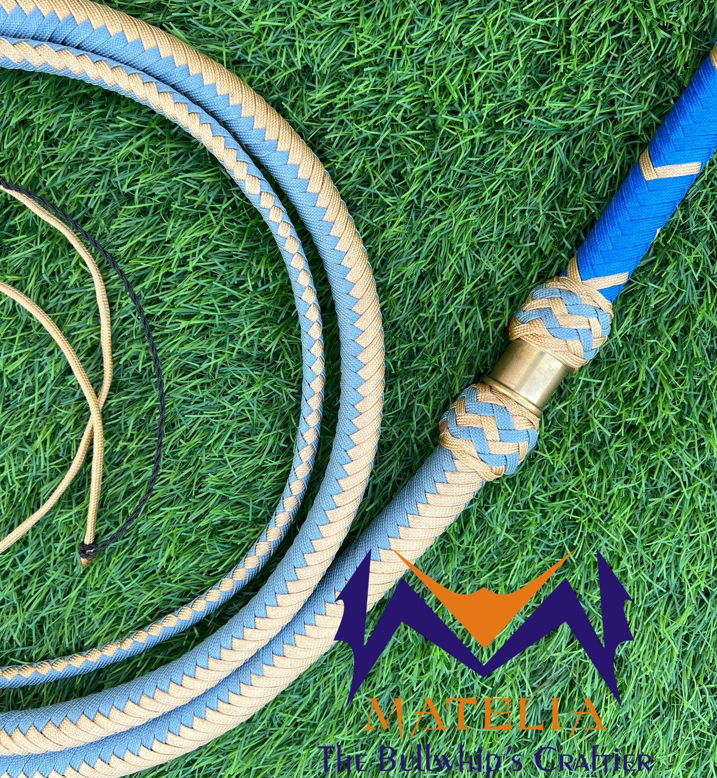 Waxed Nylon Bullwhip, Blue, light Gold: Australian Style, Size 4ft-12ft