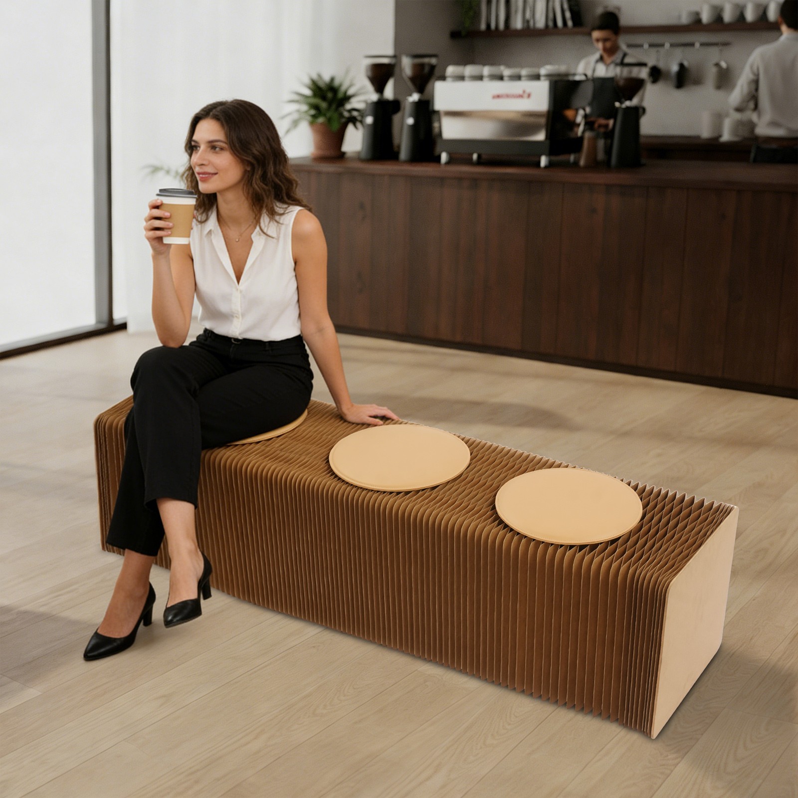 3 Seats Paper Creative Paper Stool Chair Folding Craft Bench w/Cushion Brown