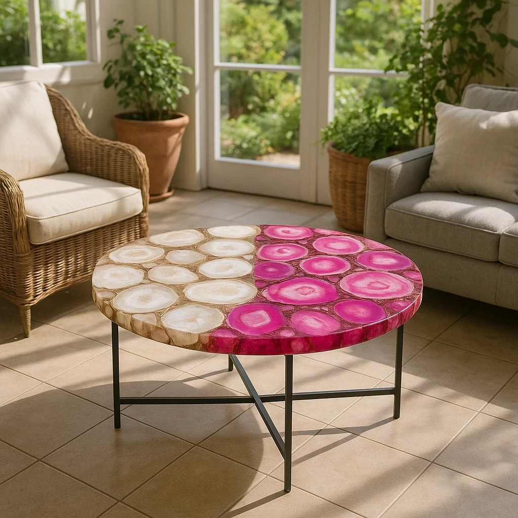 White & Pink Agate Unique Coffee Table – Luxury Natural Stone Slab, Handmade Top