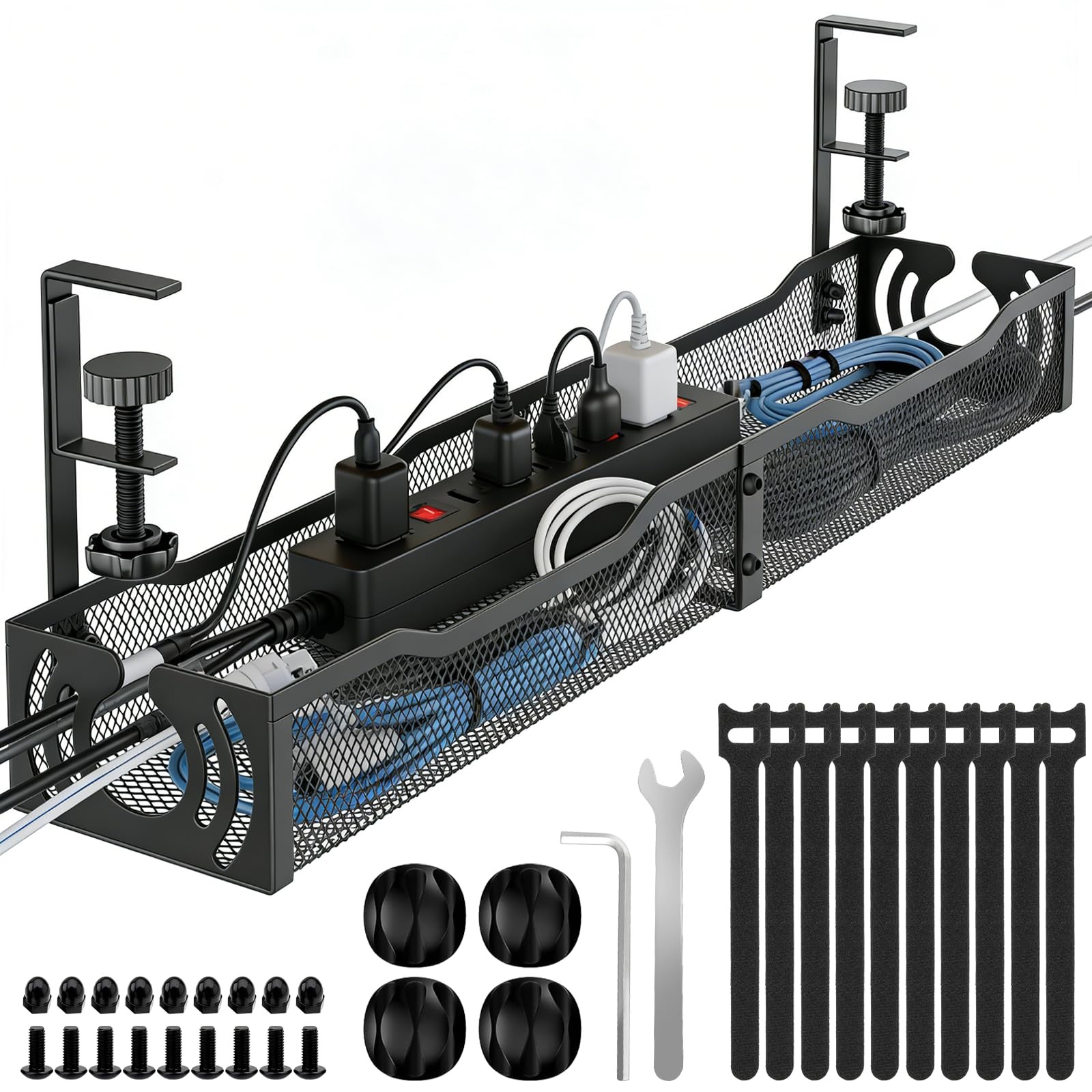 Cable Management, 25.3'' Under Desk Cable Management Tray No Drill, Metal Cab...