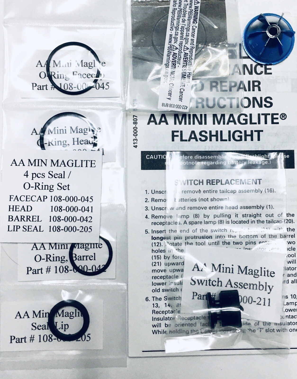 New AA Mini Maglite Switch with Reflector, Lens and 4 pcs O-ring Set