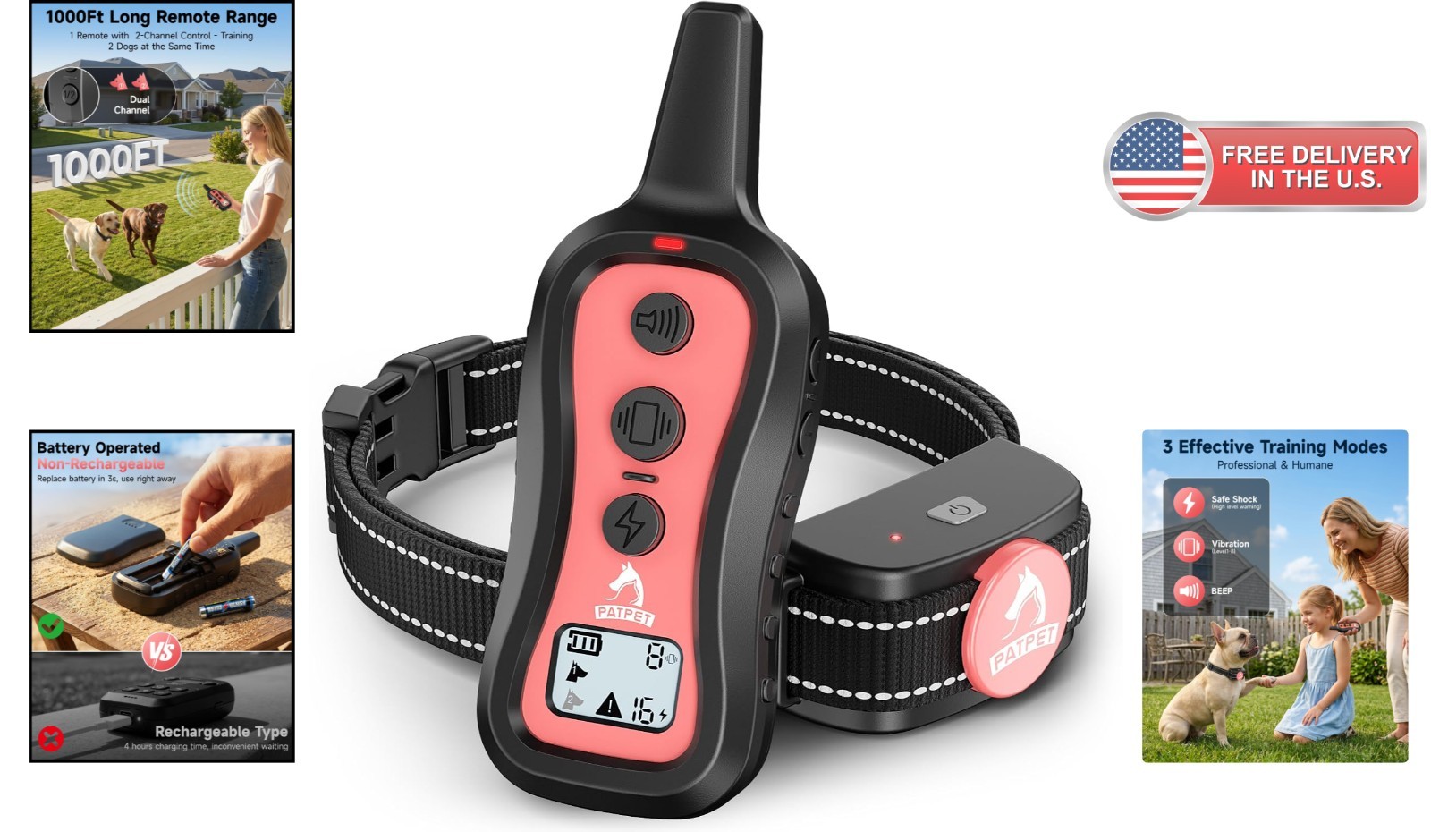 Electronic Dog Training Collar - Beep Vibration Shock Modes, 1000ft Range,
