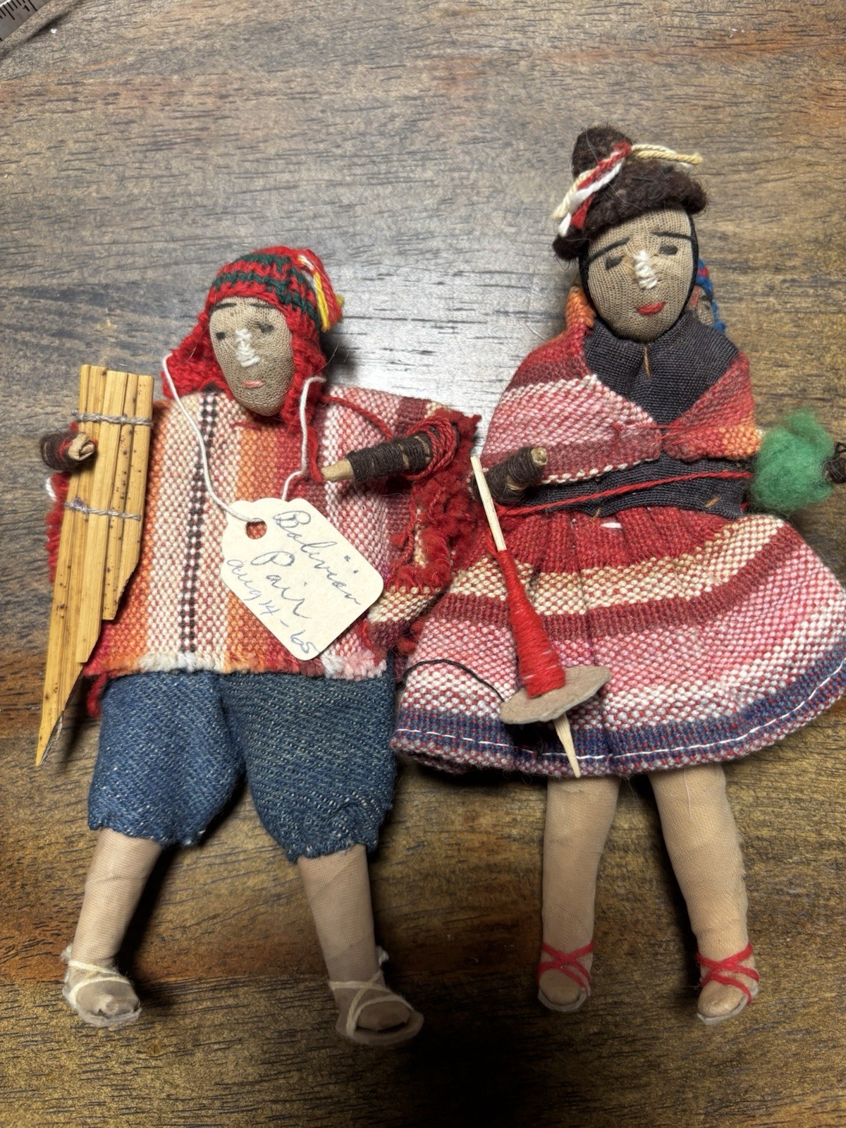 Vintage Bolivian Folk Art Doll Pair 1965 Handwoven Clothing w/ Original Tag
