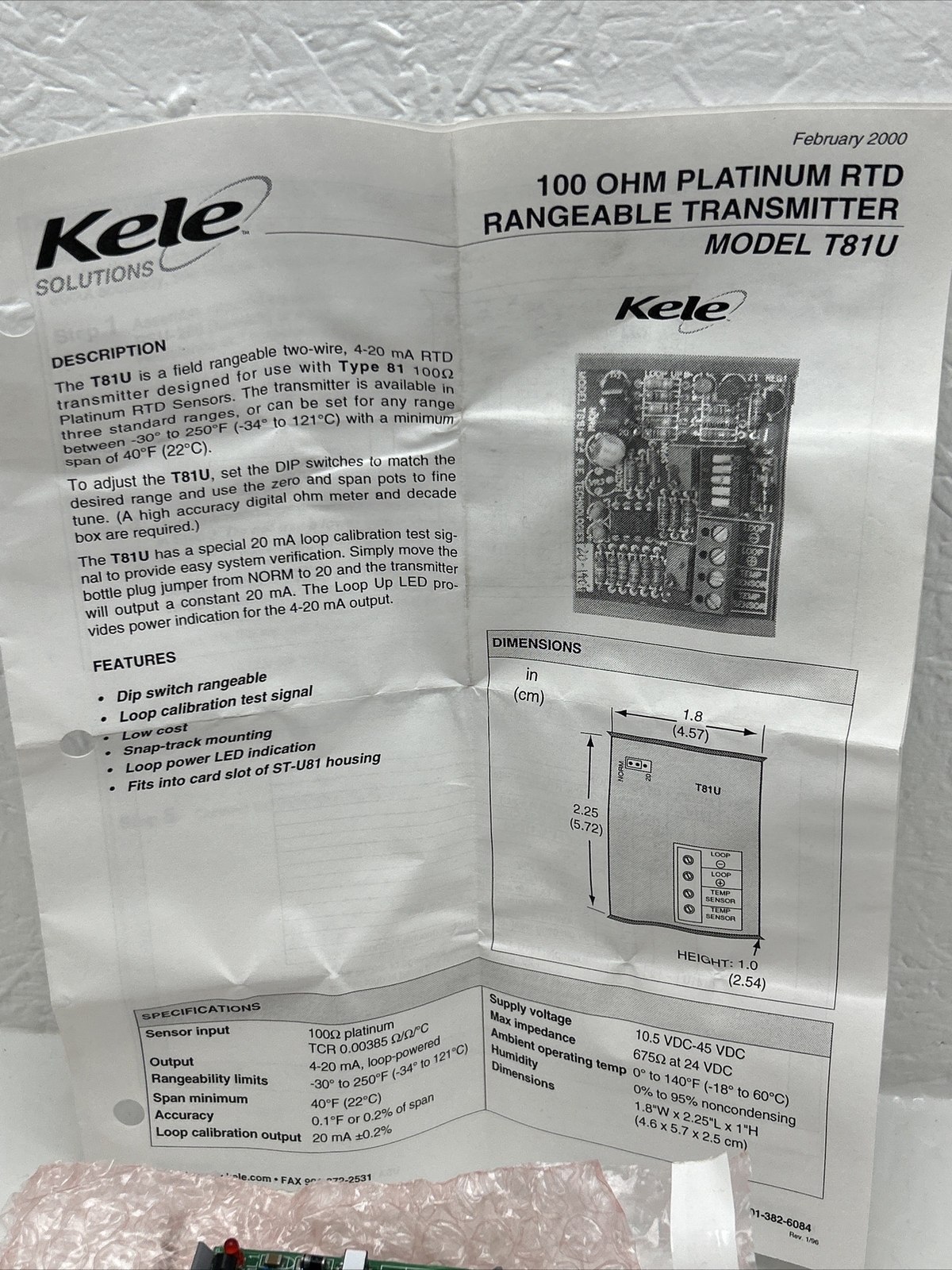 Kele T81U-3, Platinum Rtd Rangeable Transmitter