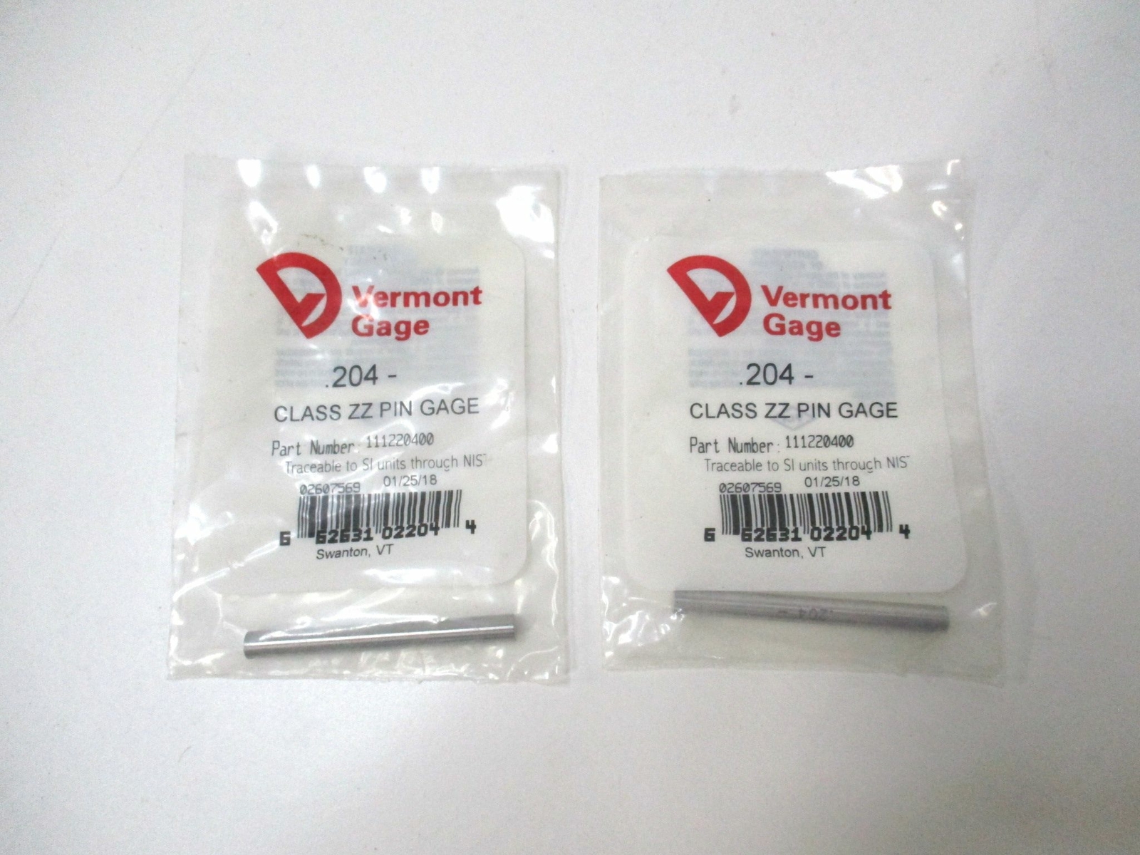 Vermont Gage (111220400) 0.204" Tolerance Class ZZ Steel No-Go Pin Gage - Qty 2