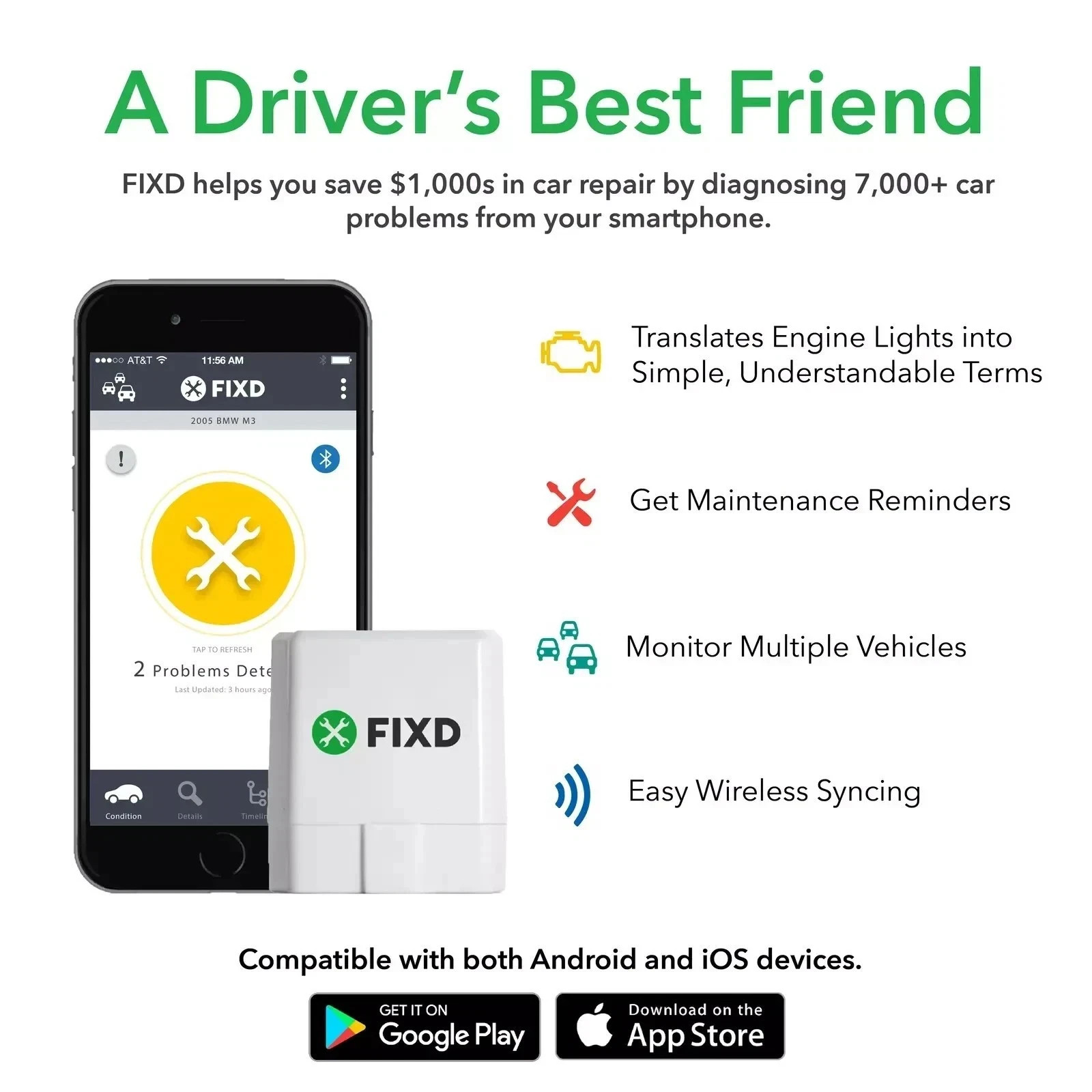 FIXD OBD2 Bluetooth Car Diagnostic Scanner for iPhone Android Code Reader