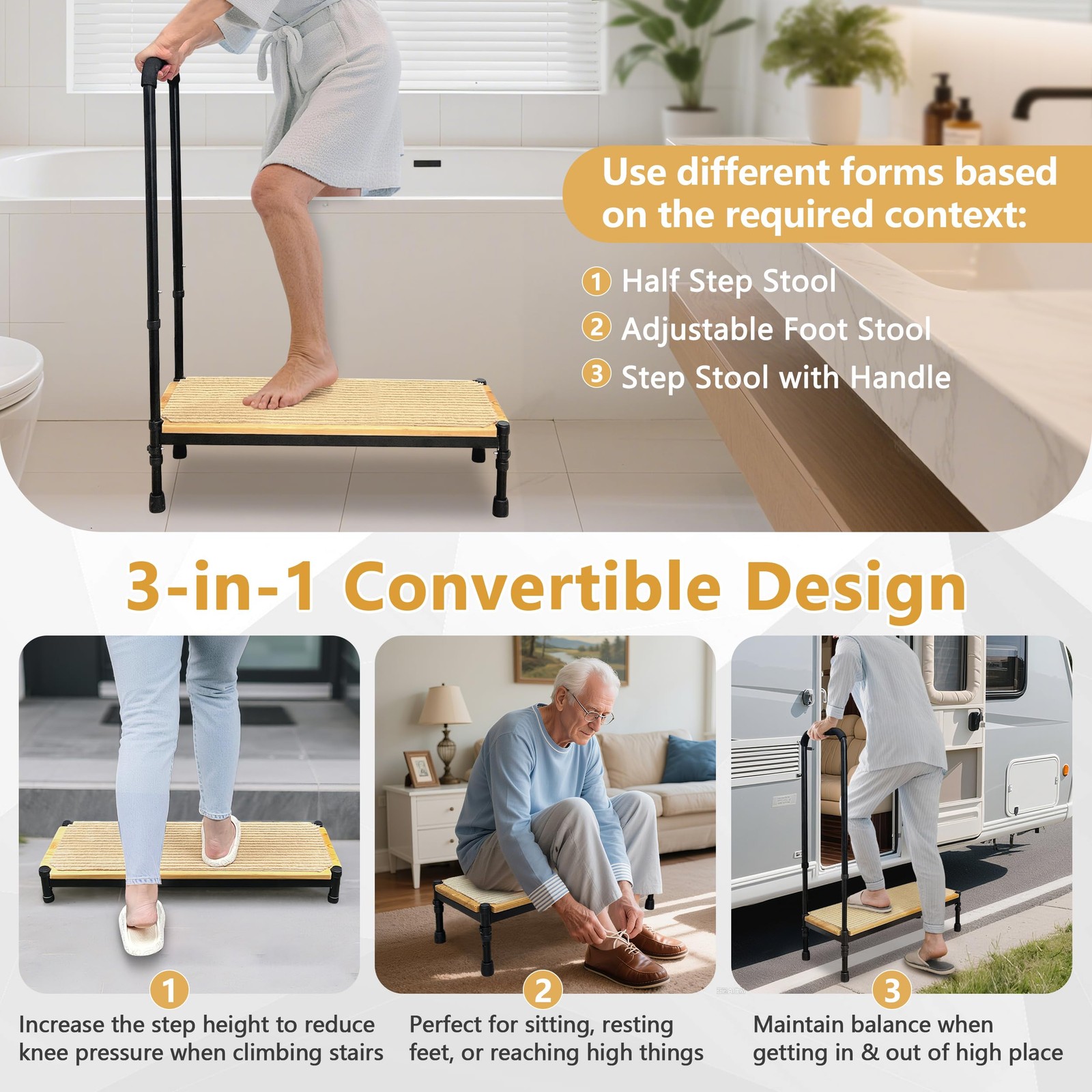 Bed Step Stool with Adjustable Handle for Elderly, Medical Step Stool for Bed...