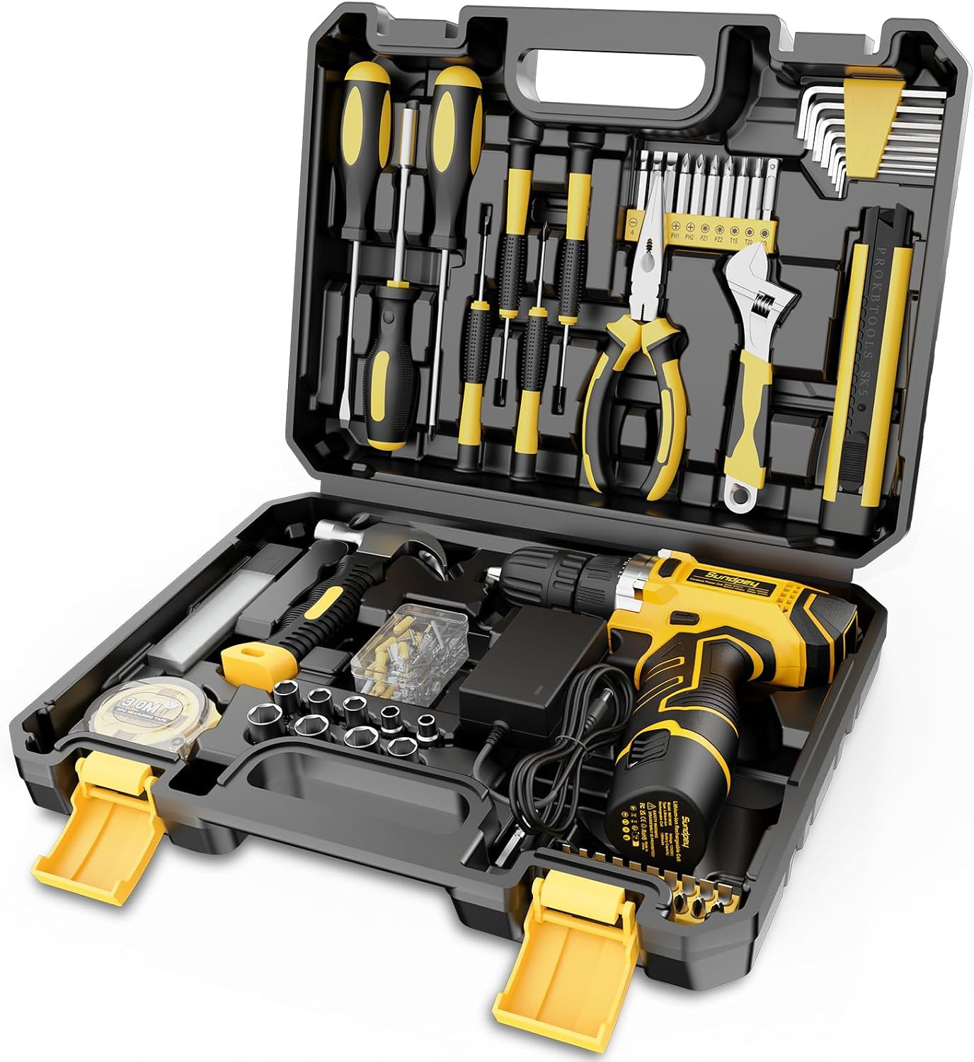 166-PC Small Basic Home Tool Kit Set with 12V Cordless Drill & Case | Portable T