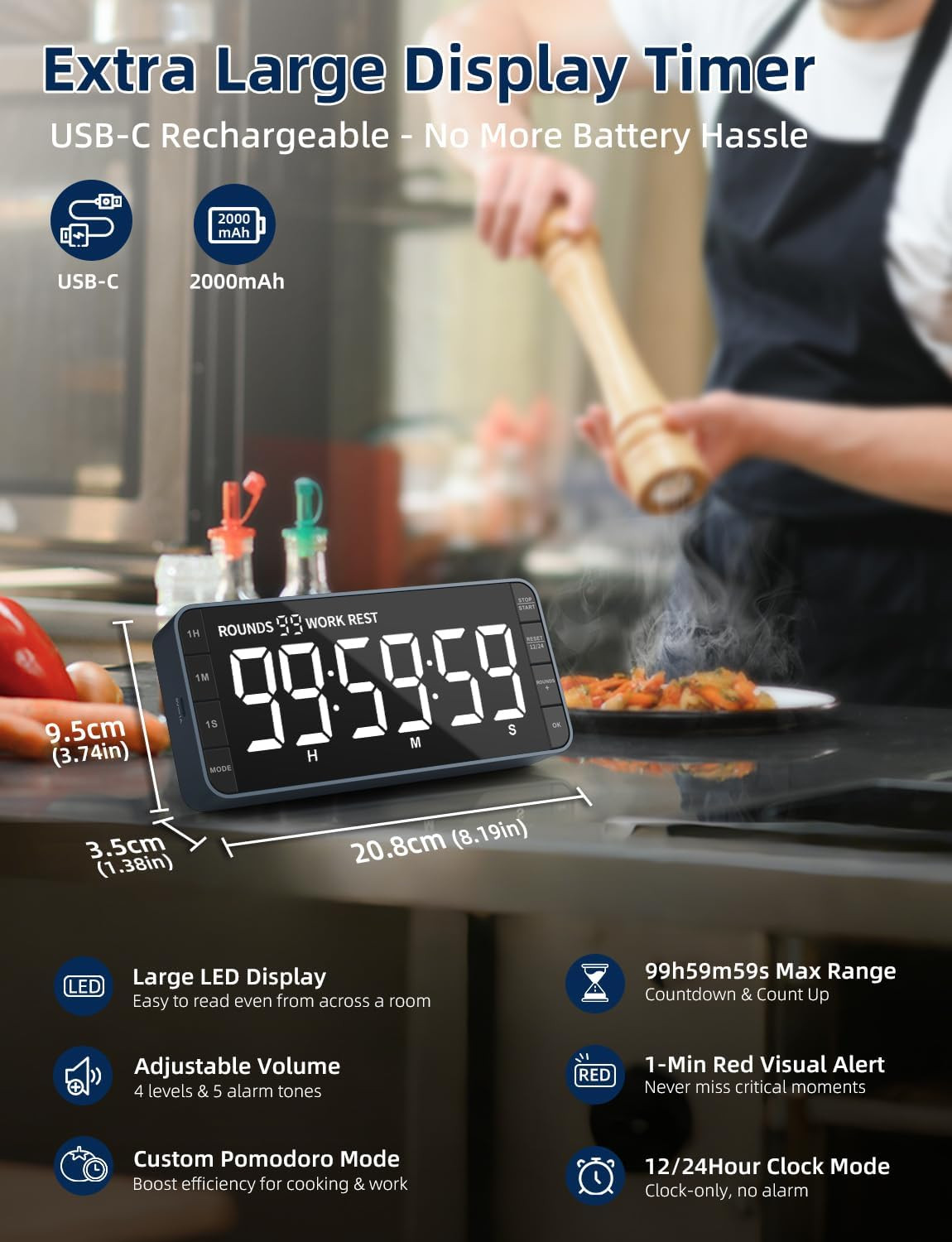 Large 7.8" Digital Timer with LED Display, Magnetic for Kitchen & Classroom | US