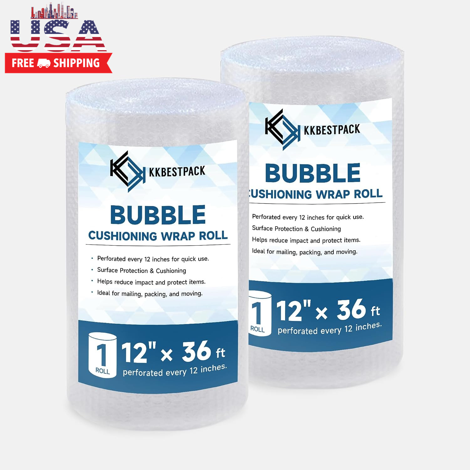 2 Pack Bubble Cushioning Wrap 12 Inch X 36 Feet - Large Plastic Packing Roll for