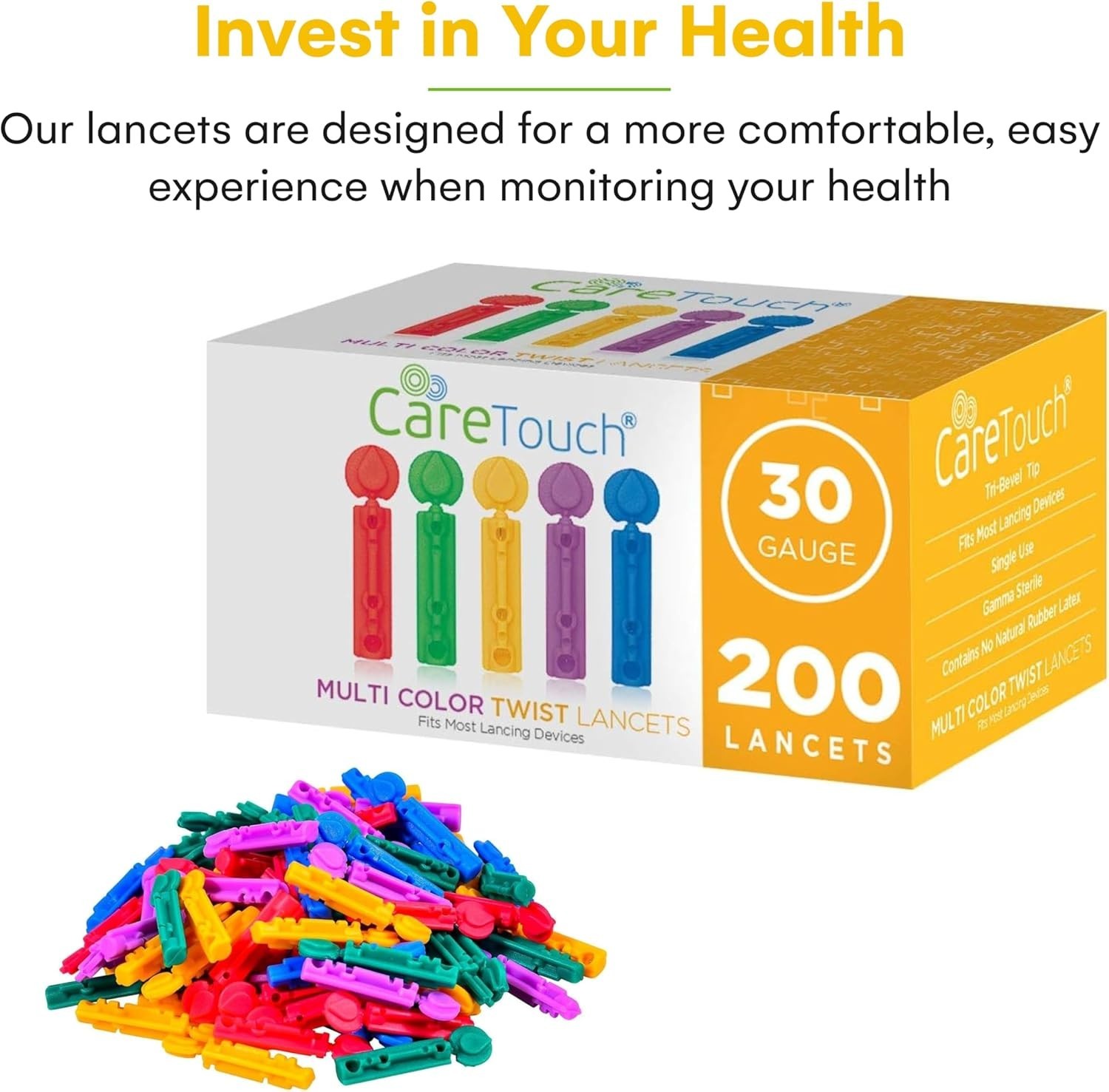 Tri-Beveled 30G Lancets - 200 Sterile Diabetic Testing Devices, Multicolored