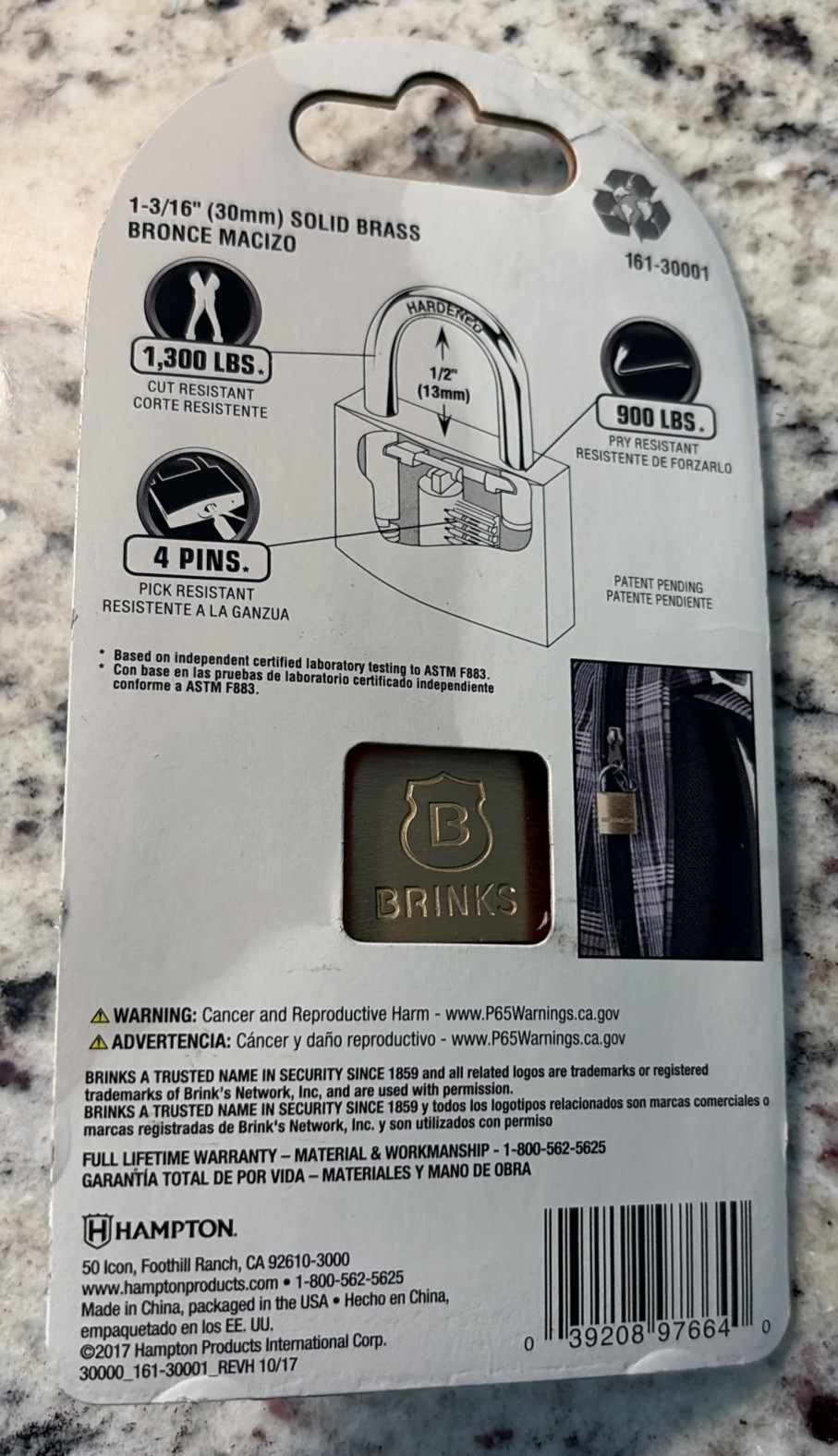 Brinks Solid Brass Body Weather Resistant 1,300 lbs Cut Resistant Padlock & Keys