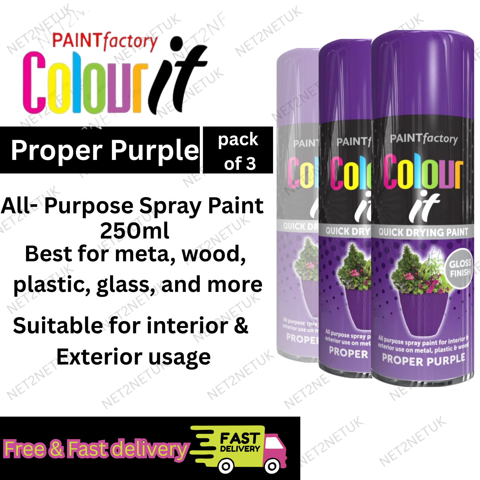 Proper Purple 250ml All-Purpose Spray Paint –Quick Dry Multi Surface Pack of 3