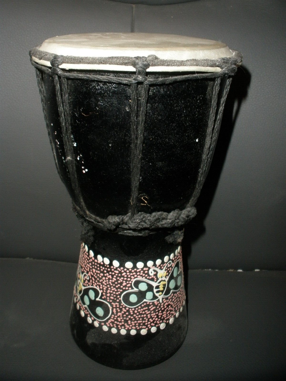Artisan Hand Carved Djembe Drum African Folk Art Style Wood Bongo Butterfly Desi