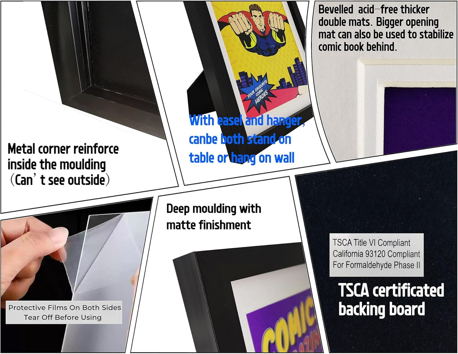 Comic Book Frame with Double White Mat, 4 Packs, UV Protection, Black Frame for