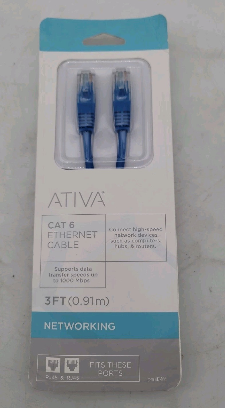 Ativa Cat 6 Ethernet Cable - Male RJ45 Plugs - 3 Feet (NIP)