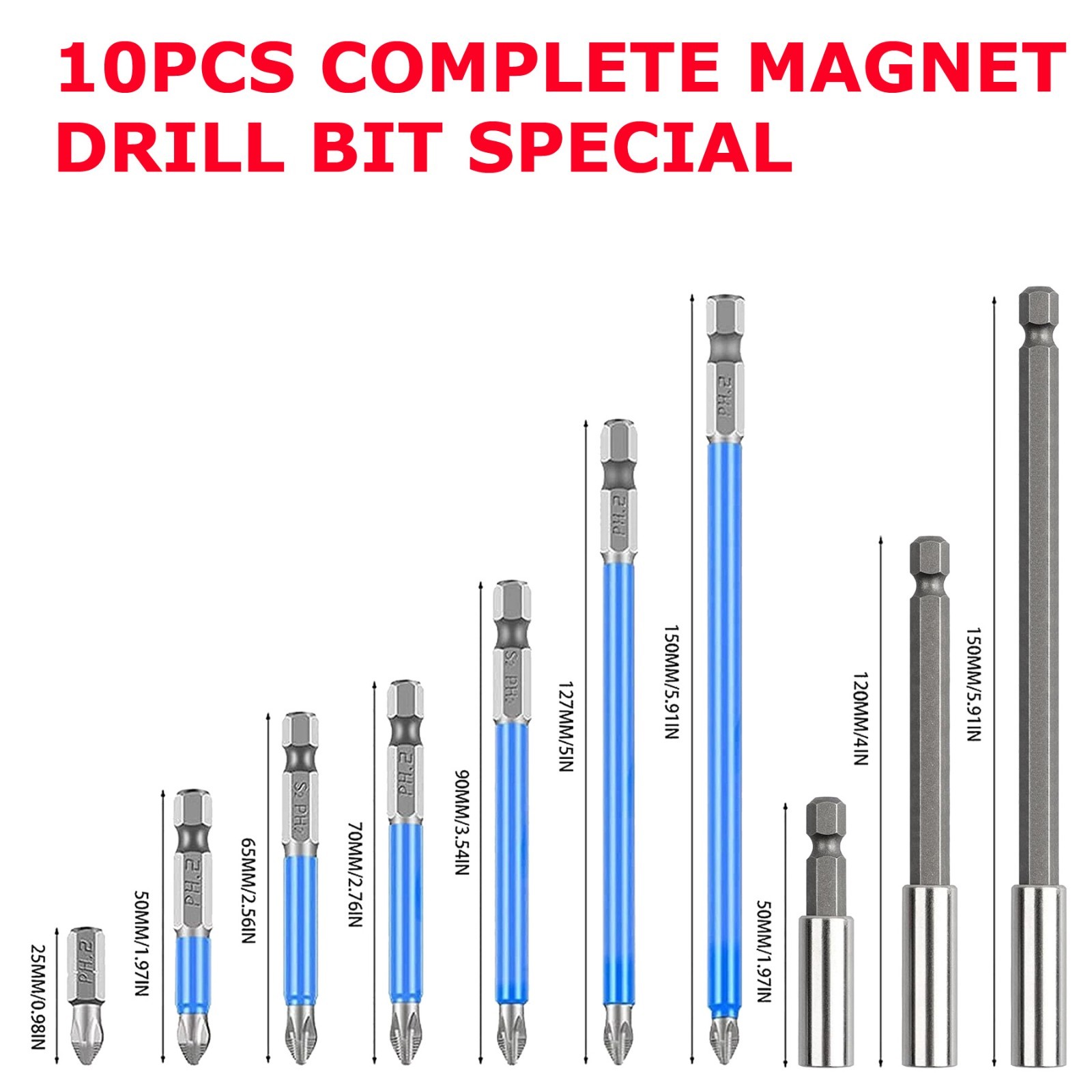 10 Magnetic Anti-Slip Impact Driver Phillips Screwdriver Drill Bit Extension Set