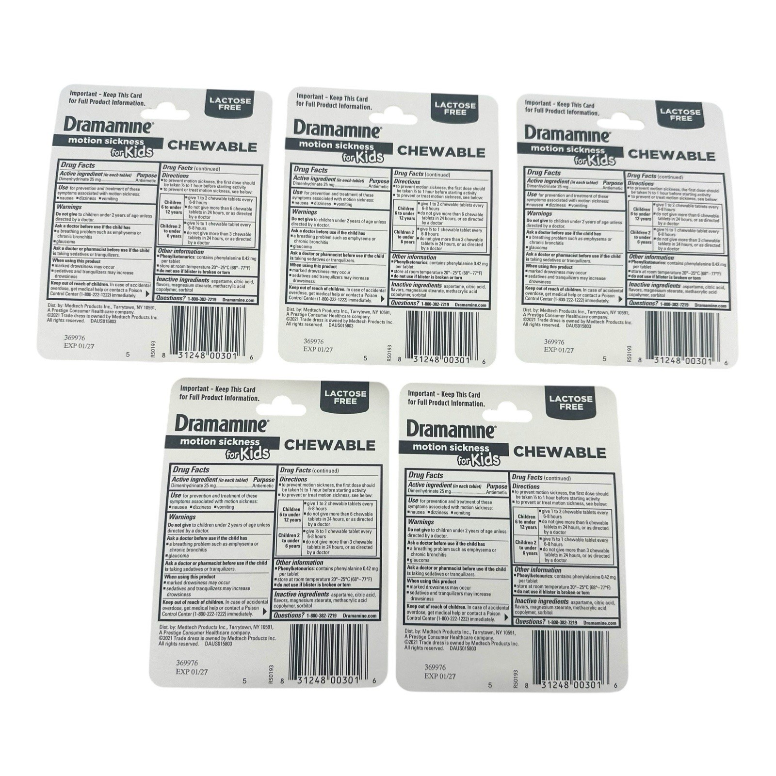 Dramamine Kids Chewable Motion Sickness Relief Grape 8 Count EXP 01/27 - 5 PACK!
