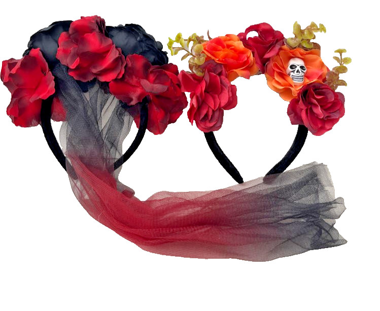 LOT of 2 Day of the Dead Women's Headbands Black Vail Floral Skull