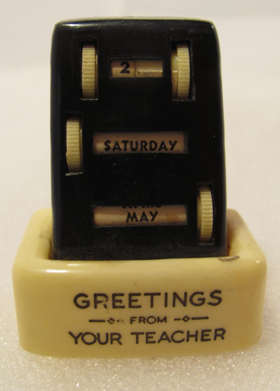 Greetings From Your Teacher Perpetual Calendar Pencil Sharpener Vtg 80s Black