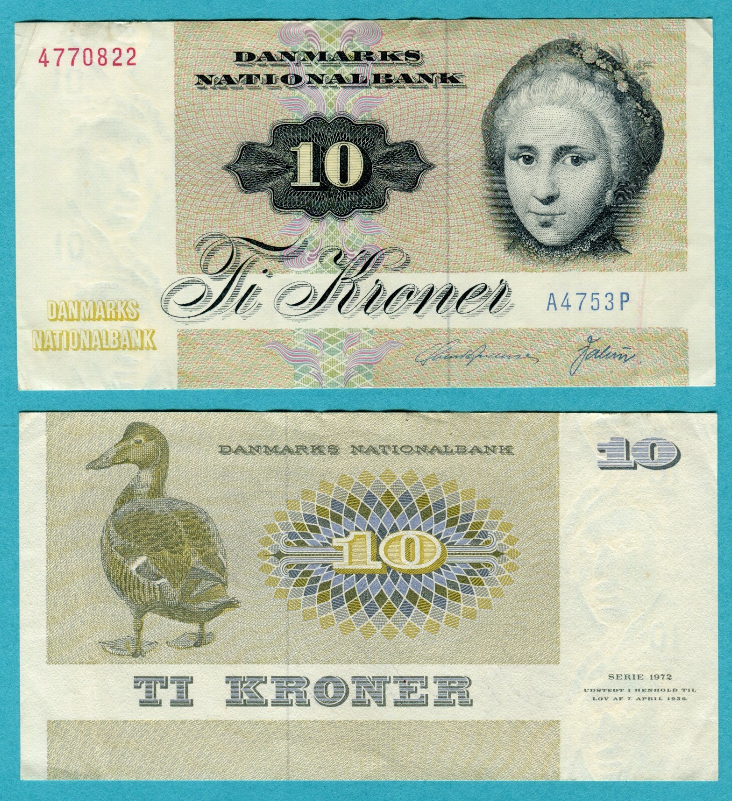 Denmark 10 Kroner 1972 / 1975 P48c Used VF+