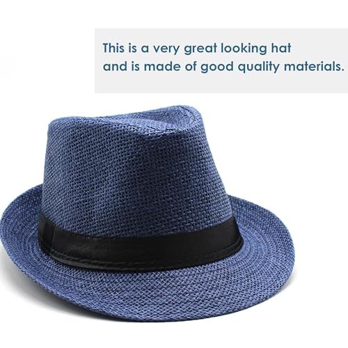 Straw Fedora Hat for Men Panama Hat Short Brim Summer Medium Black Belt-navy