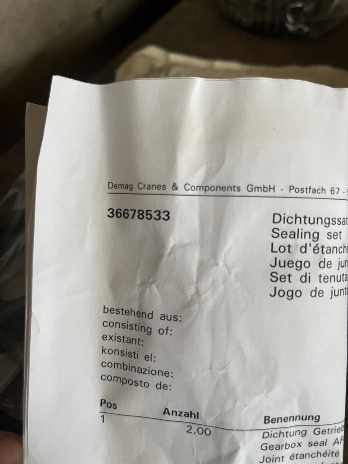 NOS Demag OEM Sealing Set 36678533
