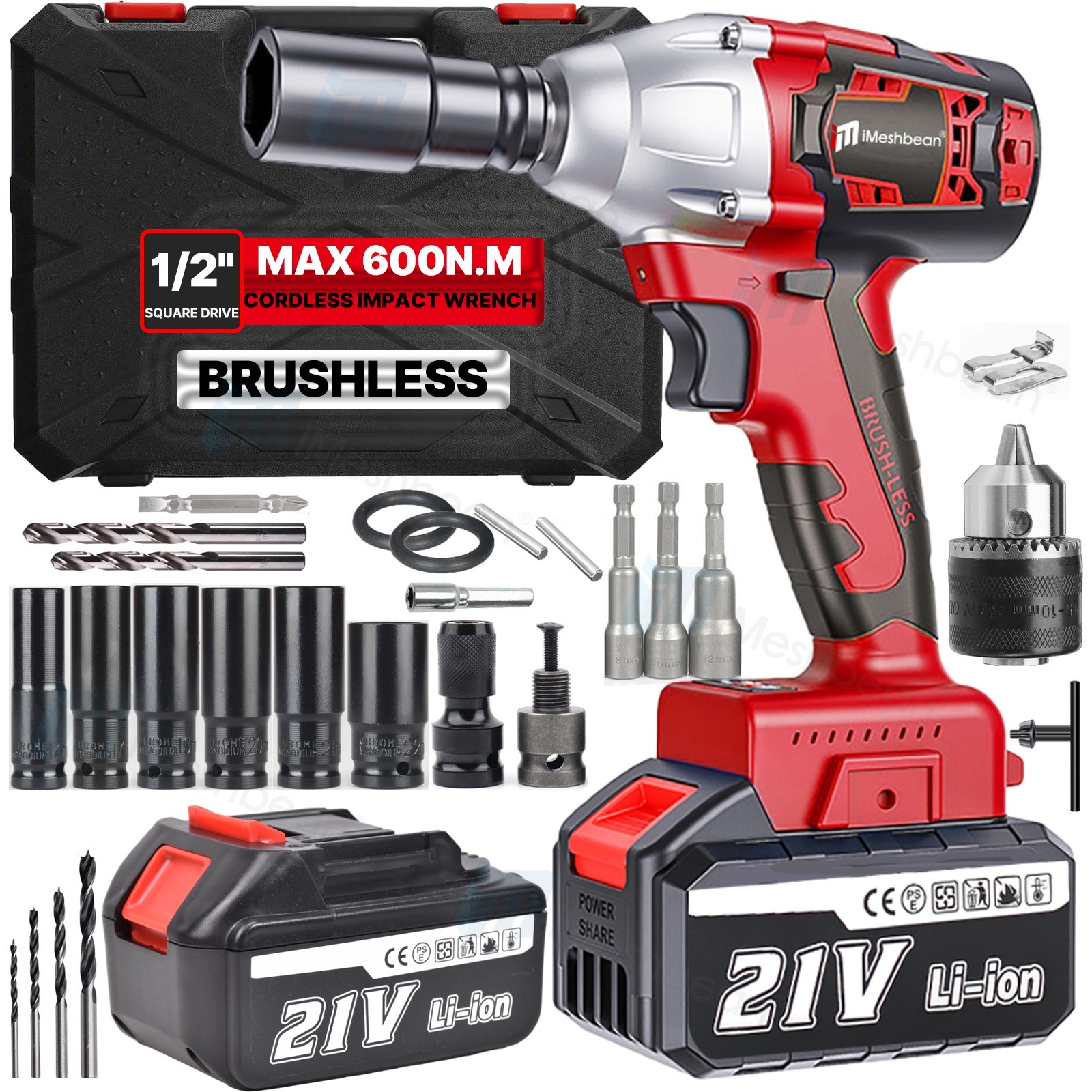 21V Cordless Impact Wrench 1/2" 600Nm High Torque Brushless Drill w/ 2 Batteries