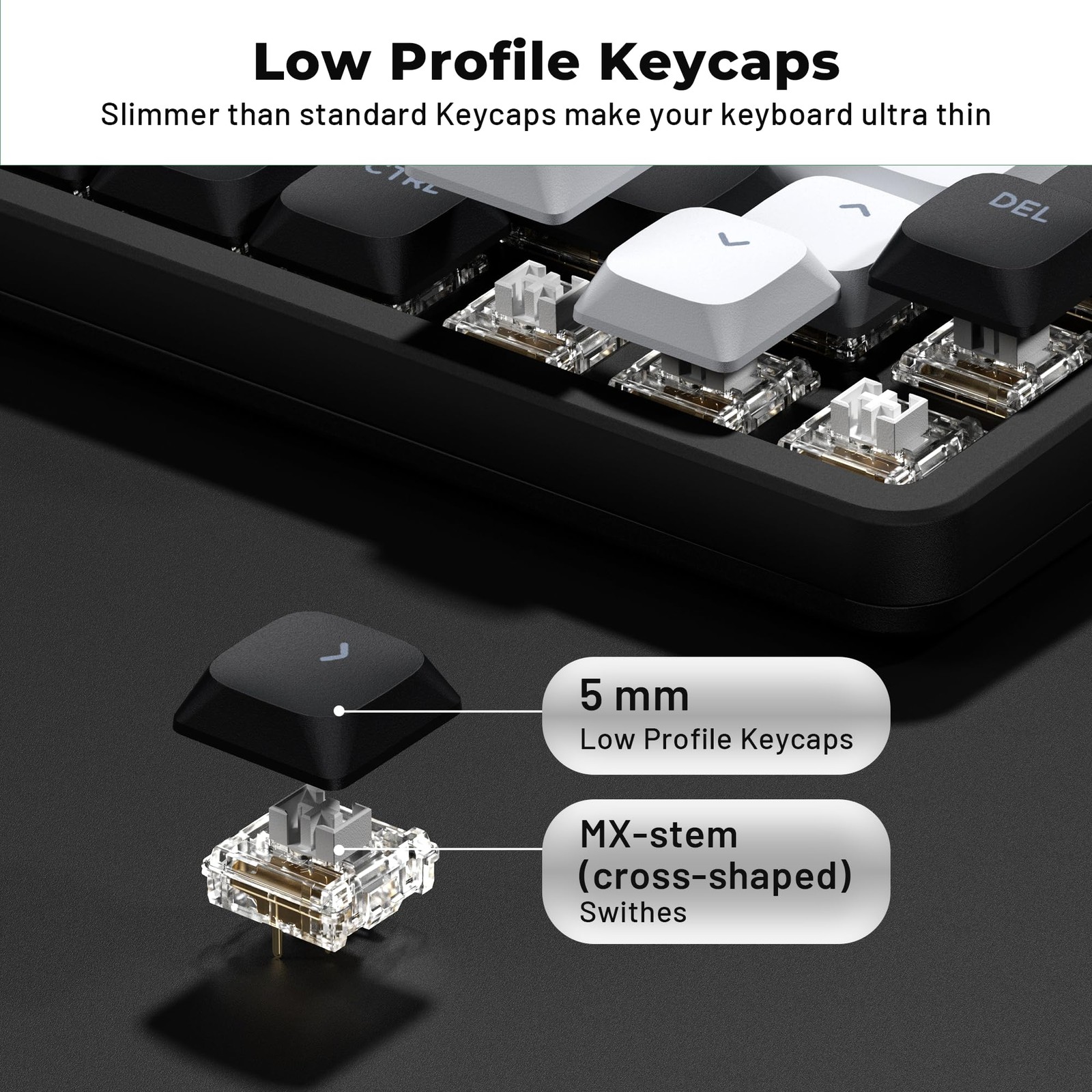 XVX Low Profile Black Keycaps, Shine Through Keycap Sets, black and white2