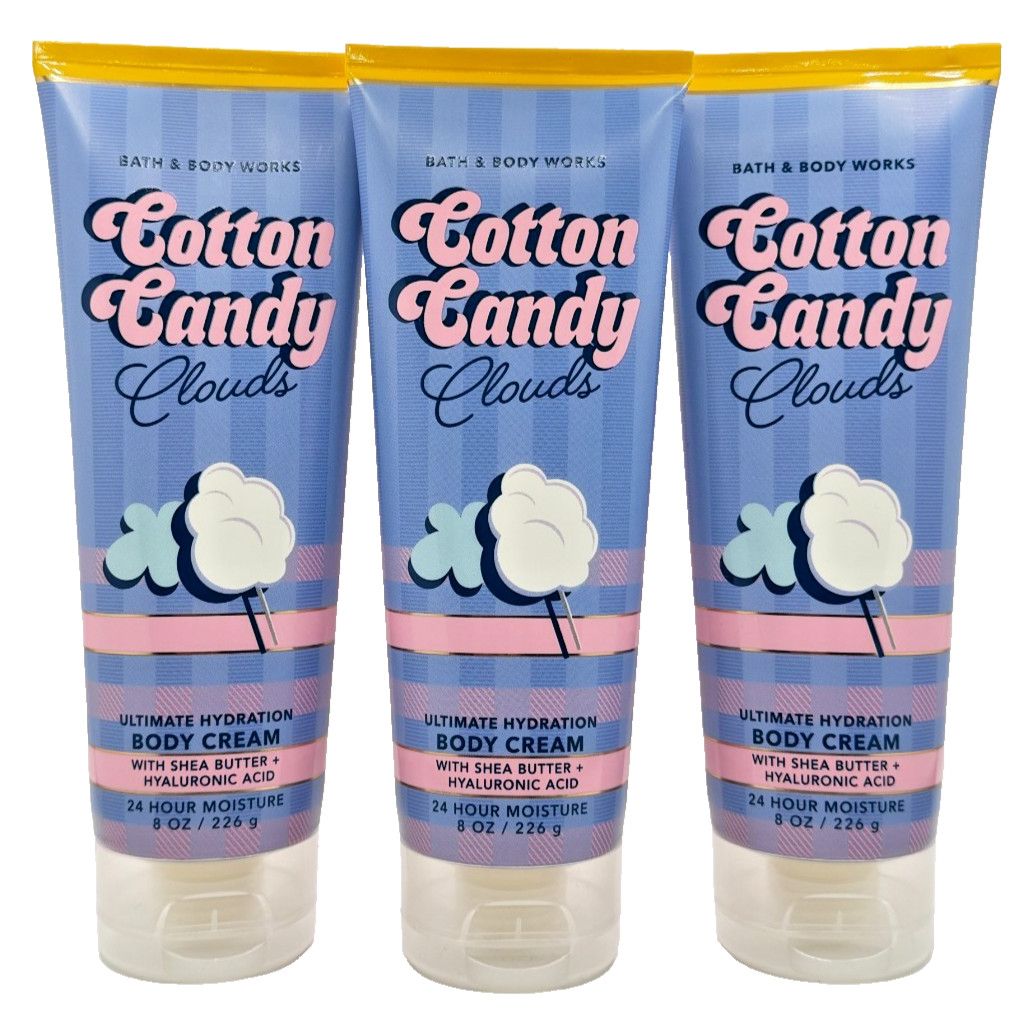 NEW Bath & Body Works Lot of 3 Tubes Cotton Candy Clouds Hydrating Cream 8 oz