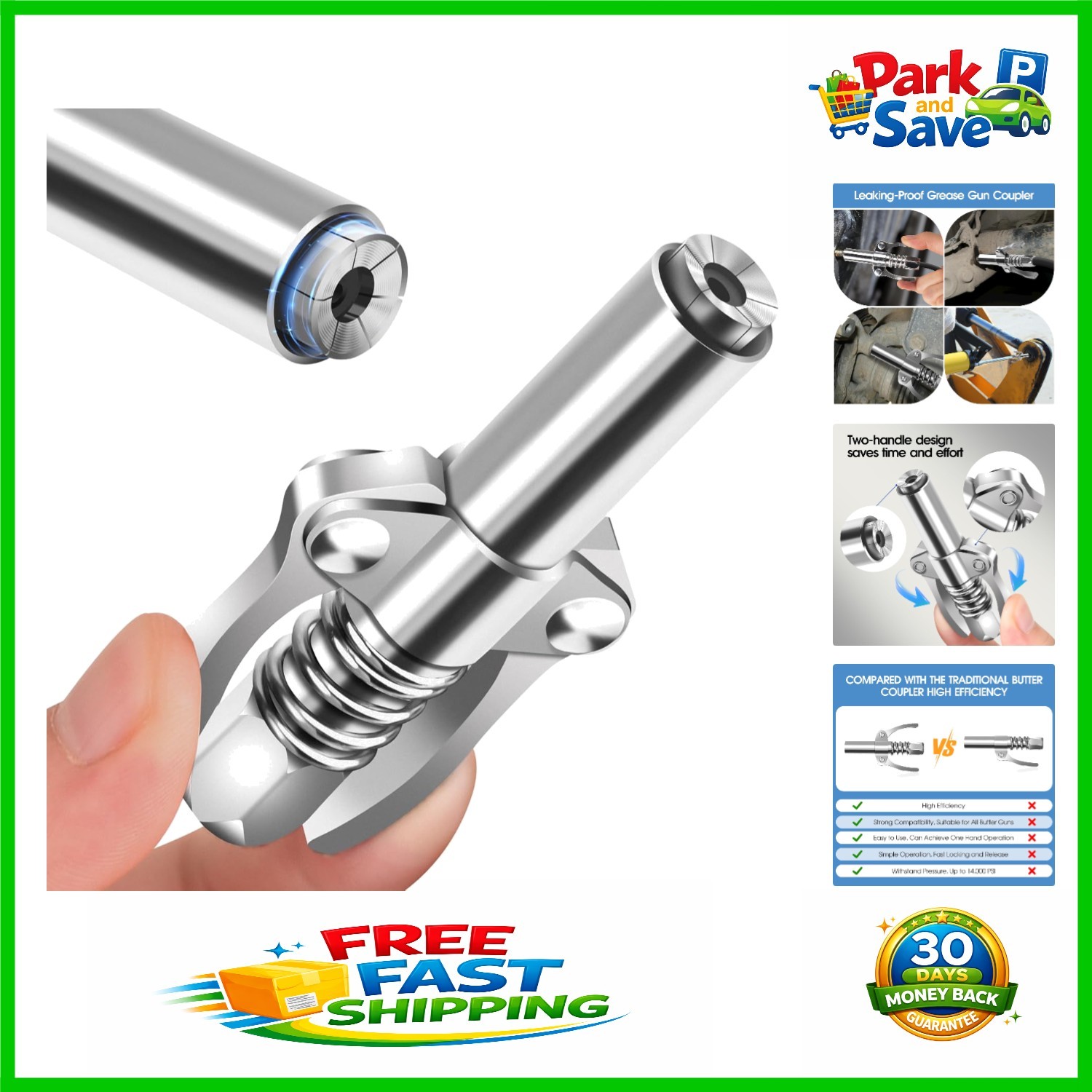 Universal 1/8-Inch NPT Grease Gun Coupler - Quick-Lock Double Handle Design