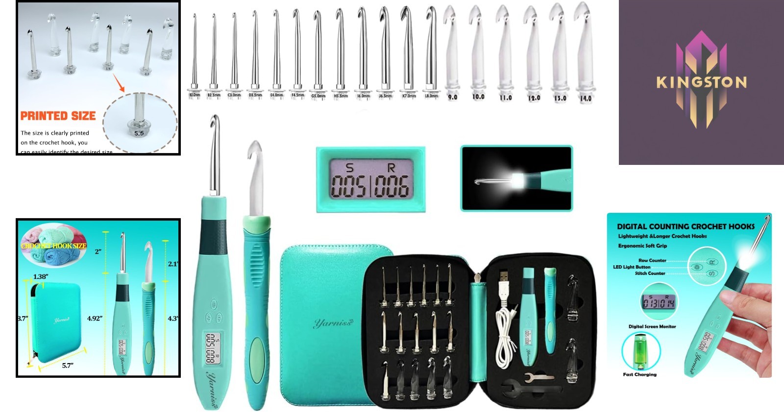 Complete 18-Piece Digital Counter Crochet Hook Set - Lighted & Interchangeable