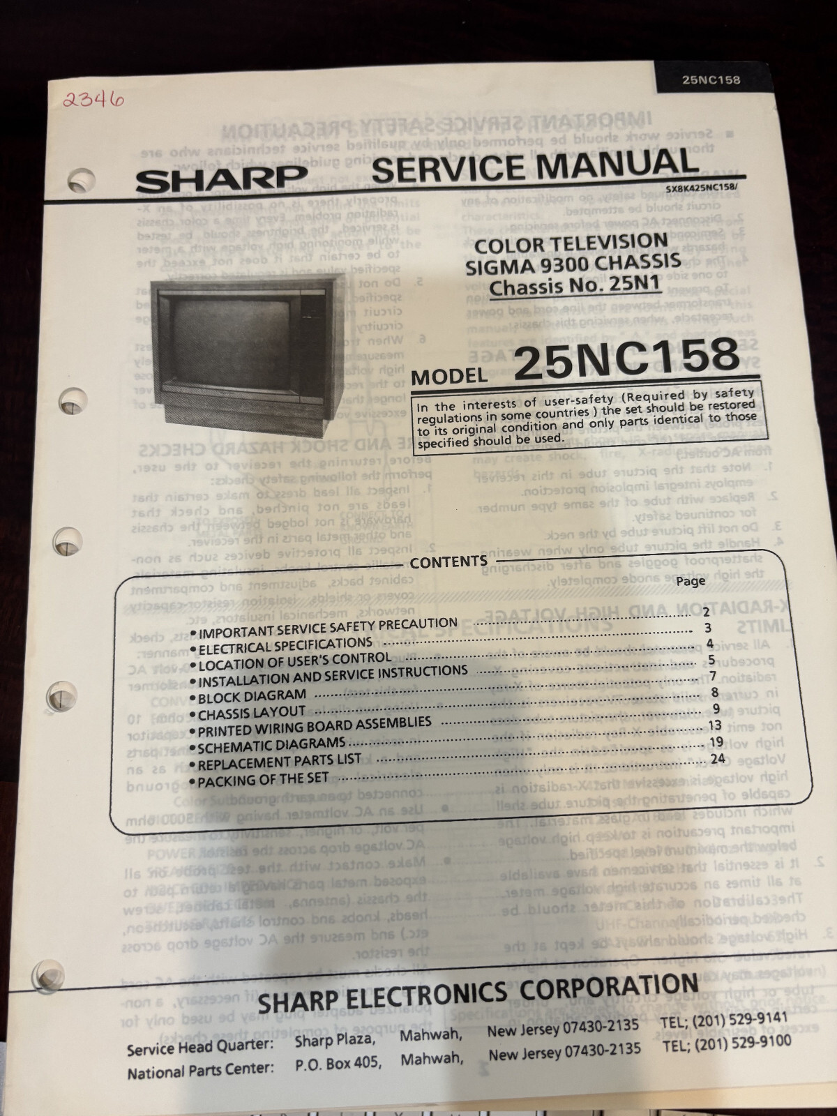 ORIG. SHARP 25NC158 TV Repair & Service Manual *ORIGINAL*
