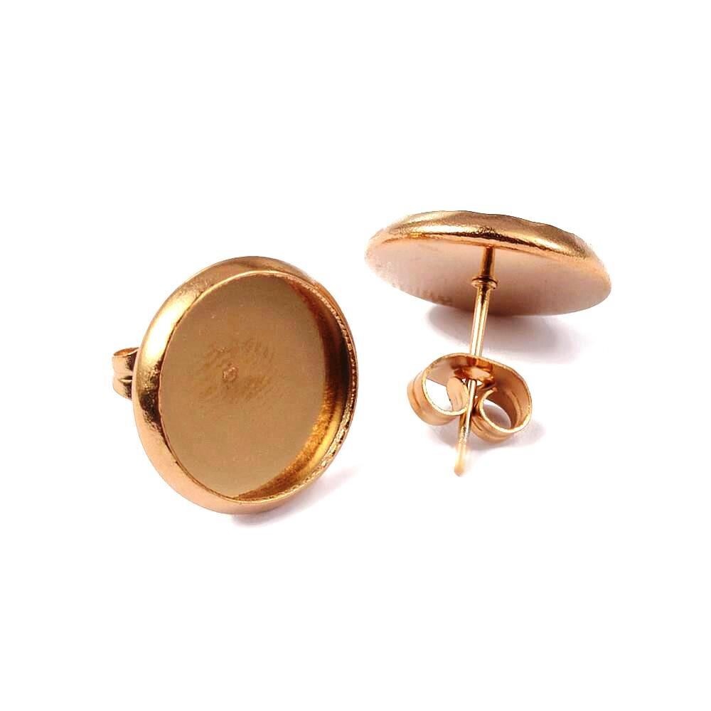 2 pcs 304 Stainless Steel Gold Plated Earring Posts Settings Bezel - 12mm