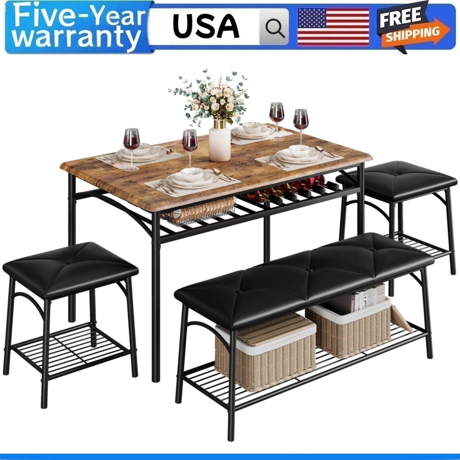 🧰Kitchen Table Set for 4 Bench and 2 Square Stools Storage Shelves Apartment