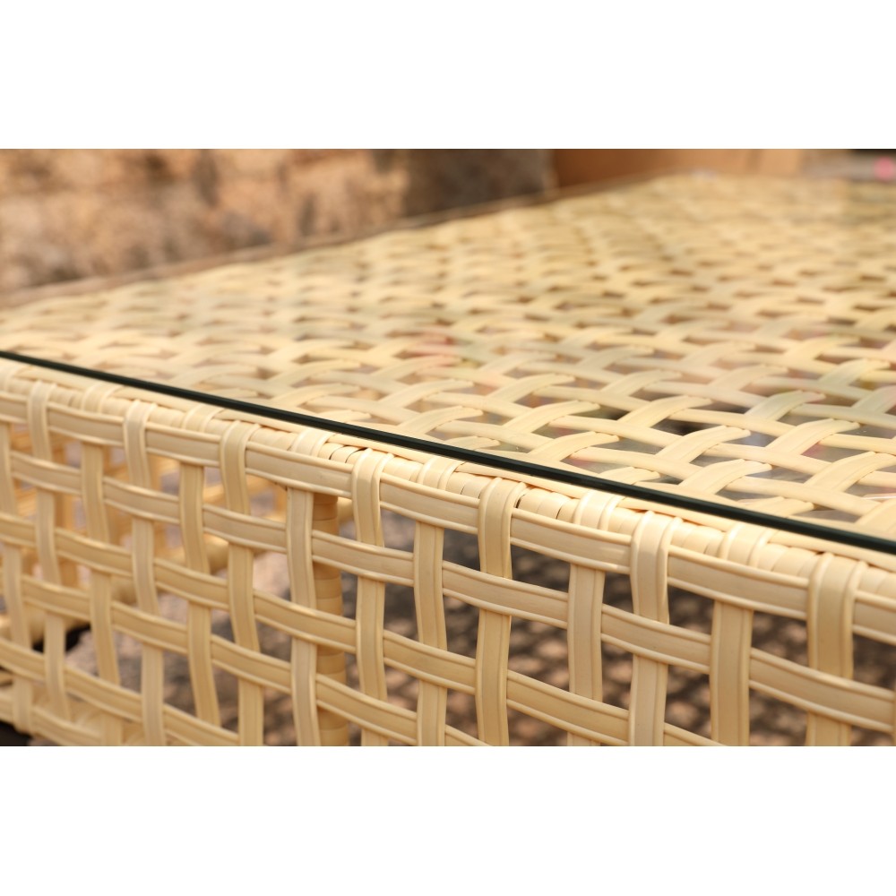 Patio Coffee Table Weatherproof Wicker with Tempered Glass Top
