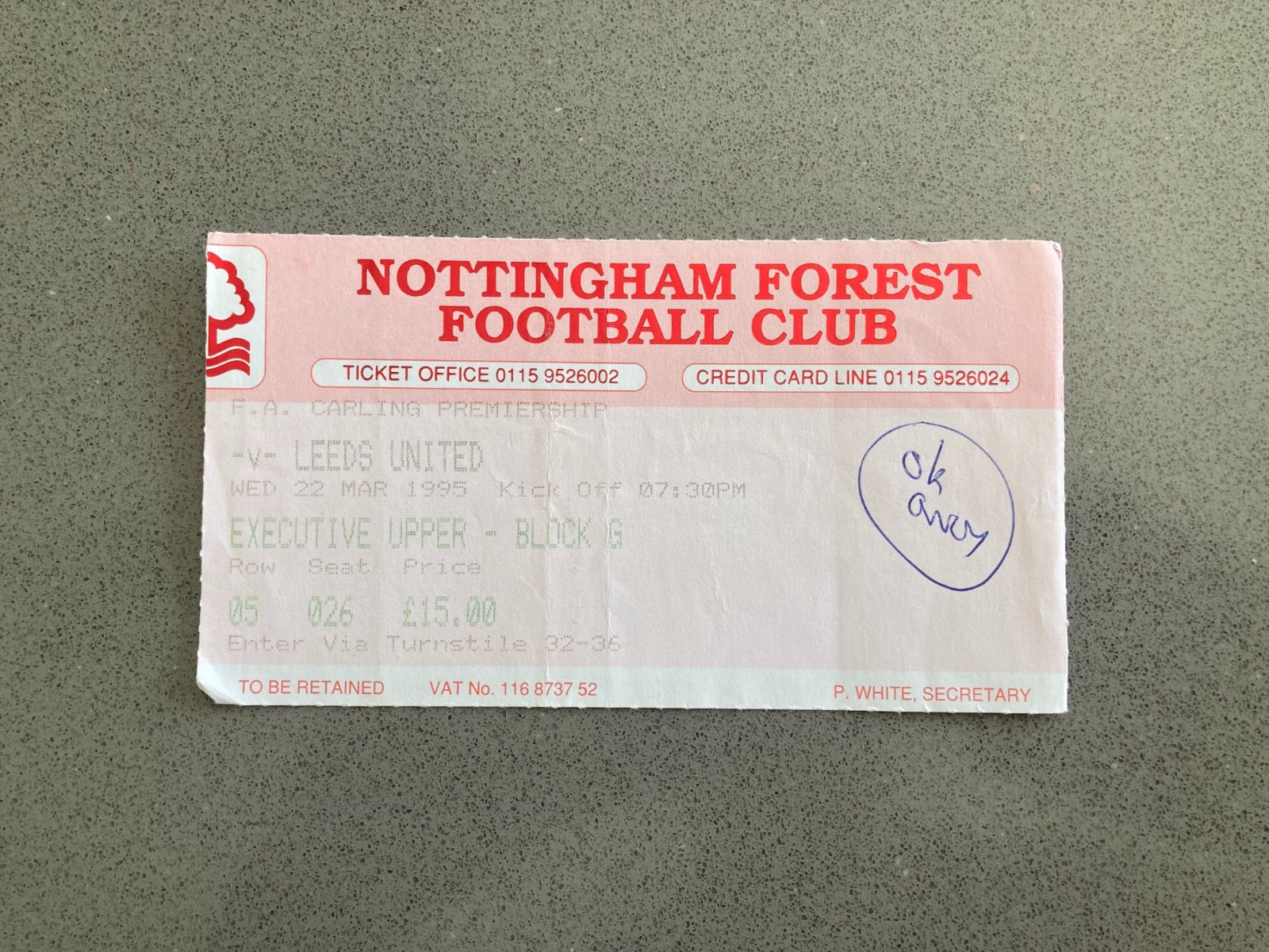Nottingham Forest v Leeds United 1994-95 Match Ticket