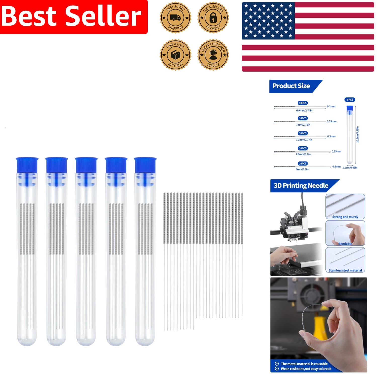 3D Printer Accessory Kit 50 PCS Steel Nozzle Cleaning Needles 0.2-0.4mm Optimal