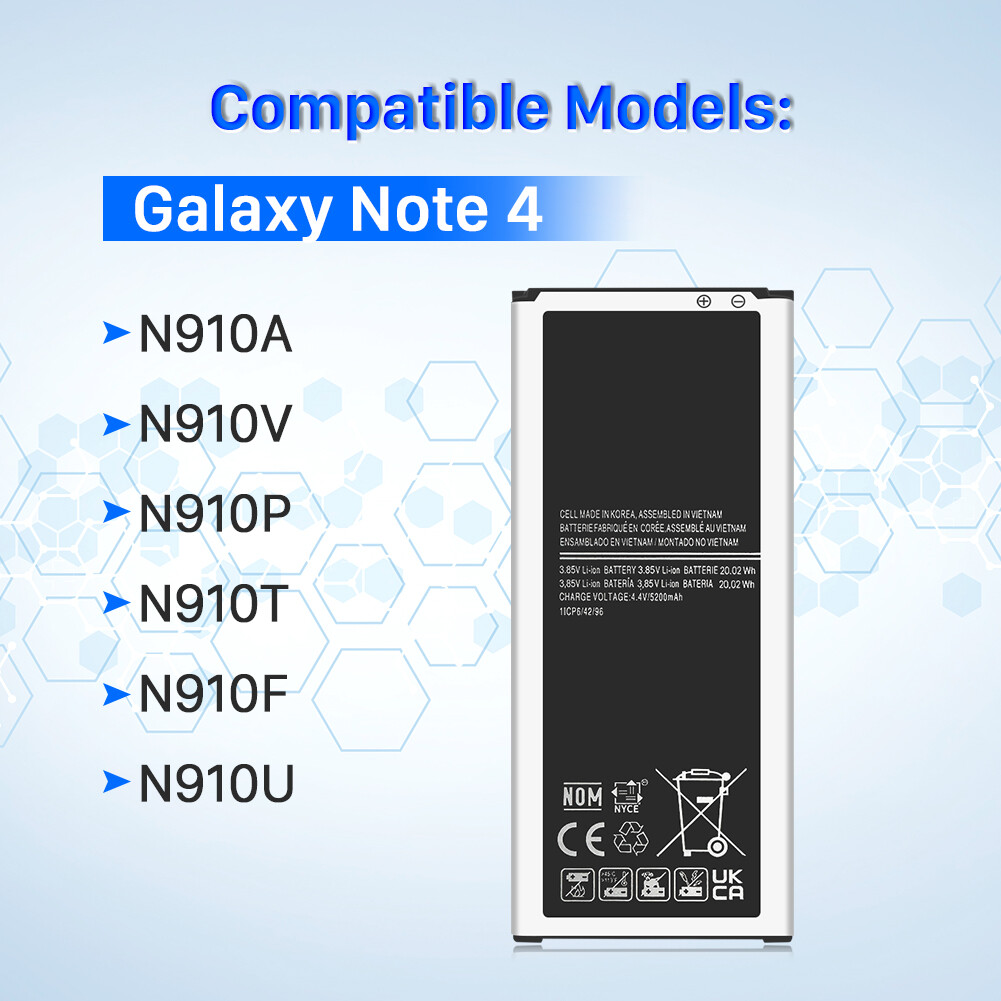 2 Pack 5200mAh Battery Replacement for Samsung Galaxy Note 4 N910 EB-BN910BBZ
