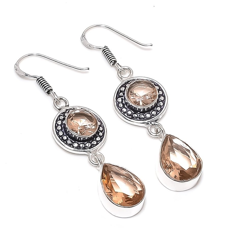 Peach Morganite  Gemstone Handmade 925 Sterling Silver Jewelry Earring Size 2''
