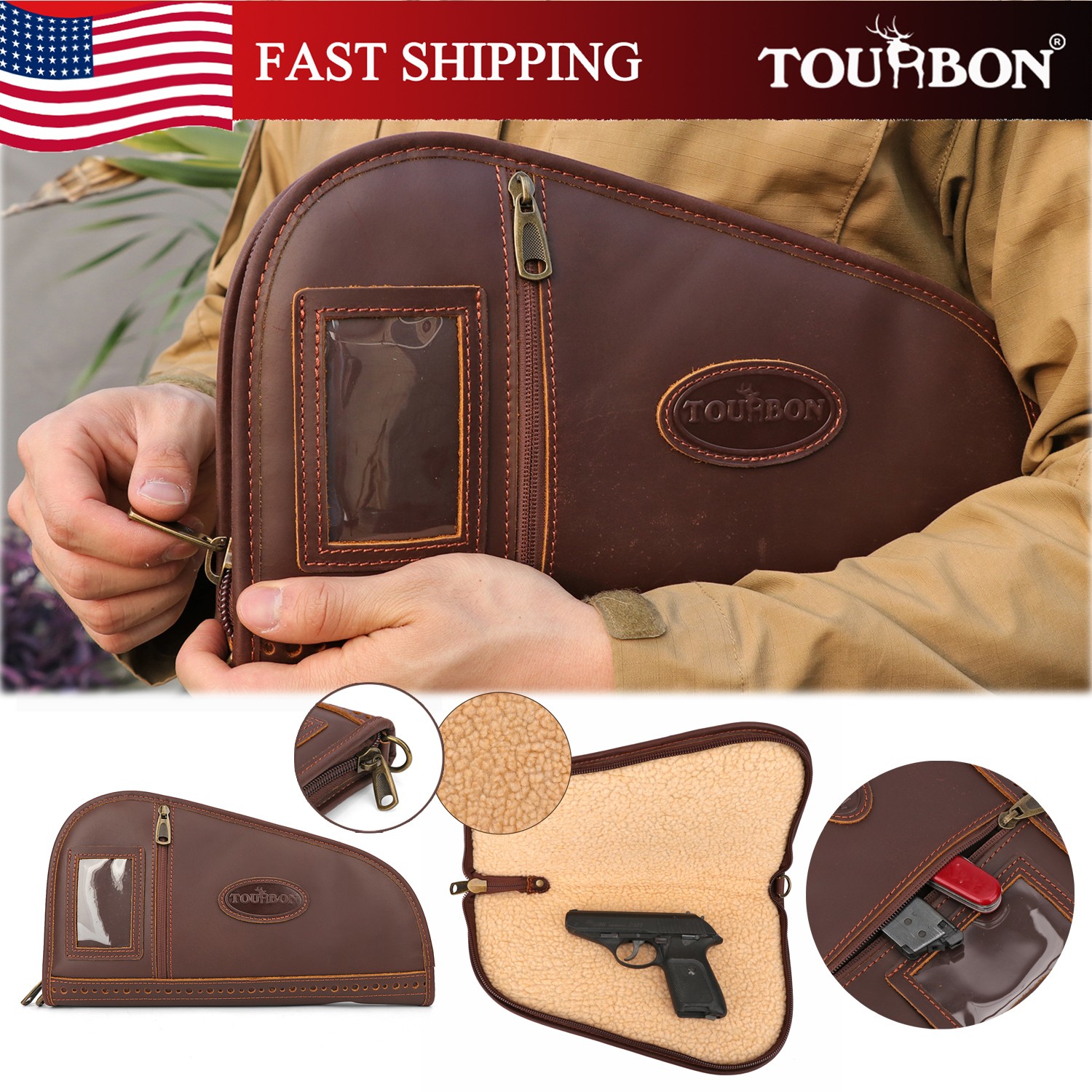 TOURBON Leather Revolver Case Handgun Rug Bag Pistol Carry Padded Shooting Gift