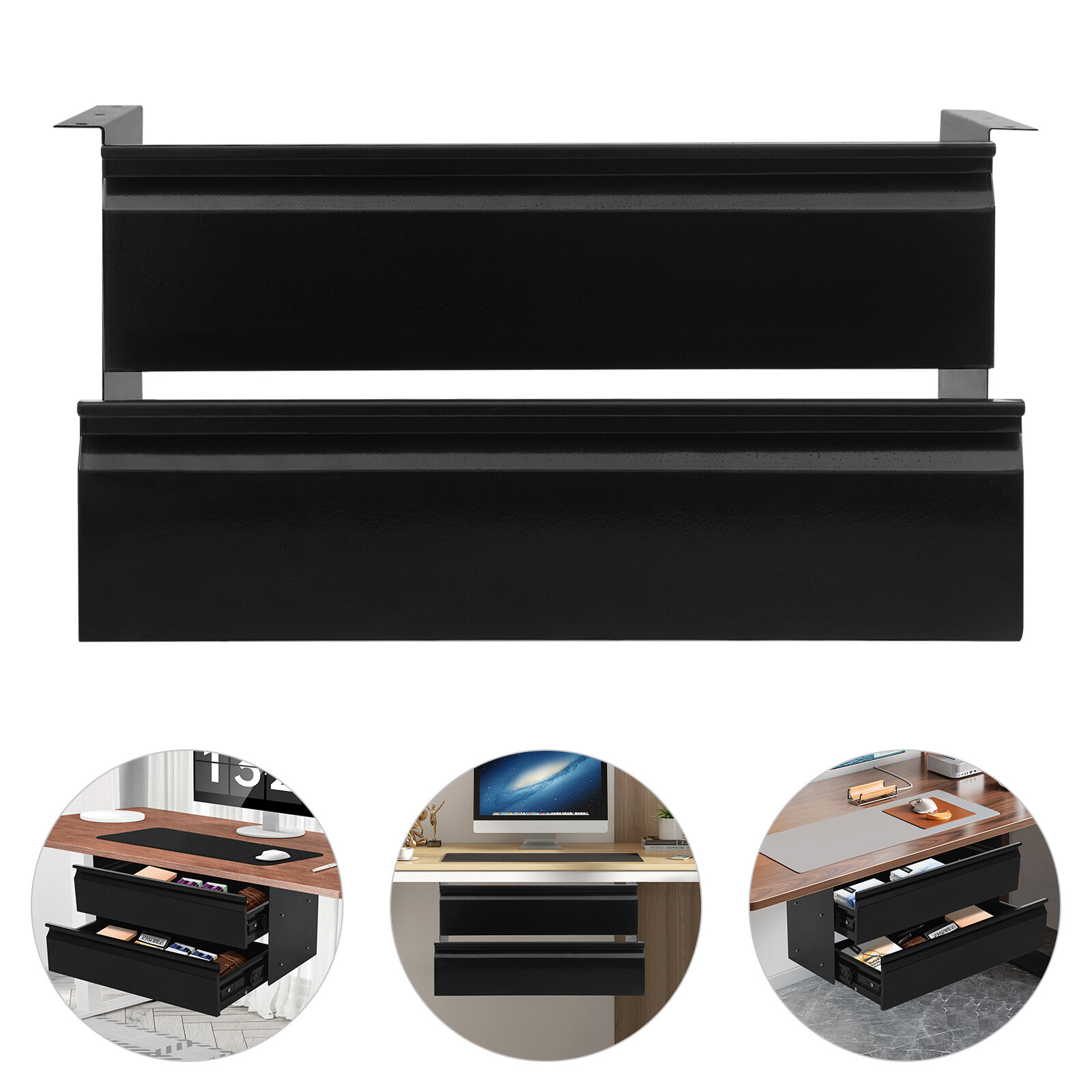 Black Dual Level 16" Pull Out Under Desk Storage Drawer Set